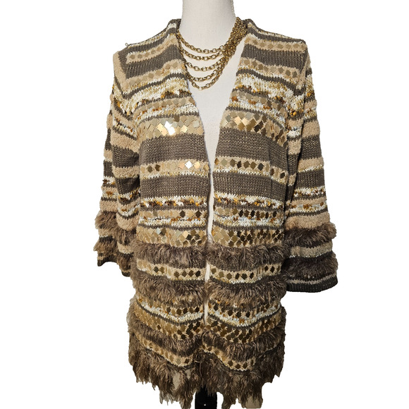 NWT Chico’s Greta Cardigan Sweater Womens XL Mirror Front Silky Fringe Faux Fur - Picture 1 of 7